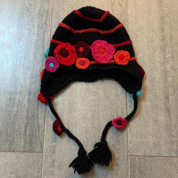 Saks Fifth Avenue Floral Wool Knit Tassel Hat with Ear Flaps Black One Size - Picture 1 of 6